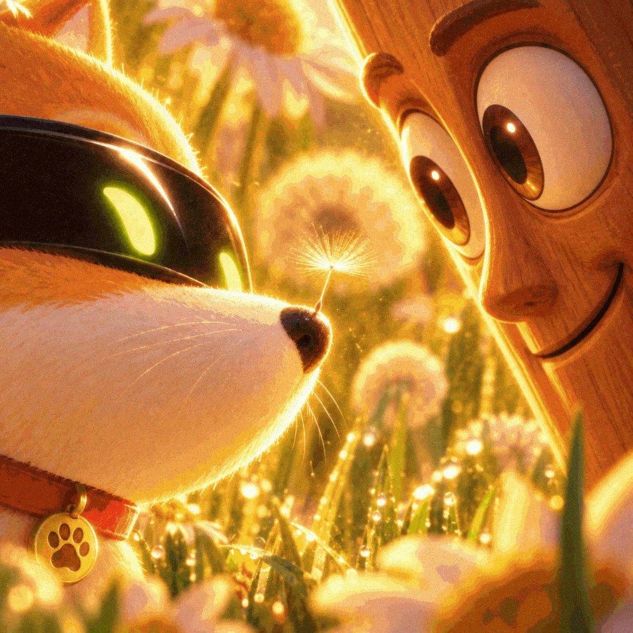 Tung and Artificial Inu face to face in a dandelion field at first light